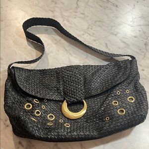 Elliott Lucca woven black gold hardware jeweled hobo bag